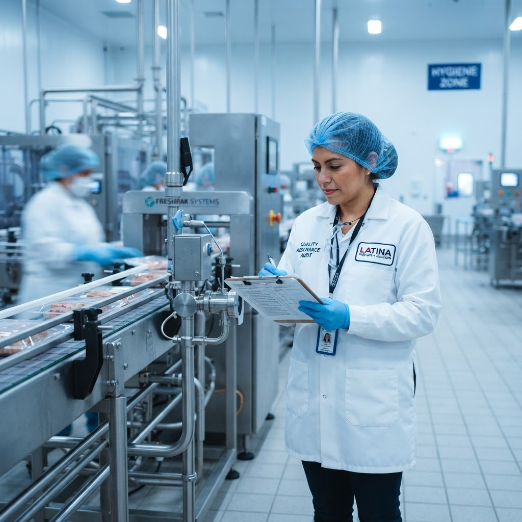 Auditora de inocuidad inspeccionando una planta de alimentos